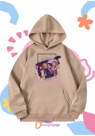 Çocuk Unisex Blackpink Kızlar Baskılı Oversize Kapüşönlü Sweatshirt Bej