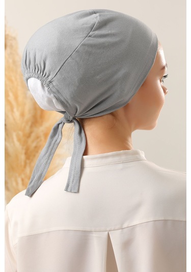 Kadın Tesettür Dikişli Set Bone Açık Gri 3 Adet Bağlamalı Penye Bone Açık Gri