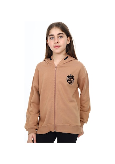 Toontoy Kız Çocuk Kapüşonlu Fermuarlı Düşük Omuz Nakış Baskılı Yırtmaç Detaylı Örme Hırka - 3 İplik Şardonsuz Kahverengi