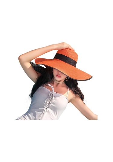 Geniş Kenarlı Egzotik Desenli Plaj Şapkası Kadınlar İçin Güneşten Koruyucu Yazlık Hasır Şapka Modelleri Turuncu