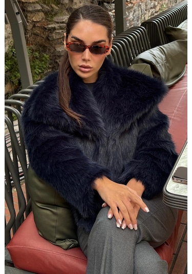 Lacivert Yumuşak Dokulu Kadın Kürk Mont Mg2204 Lacivert