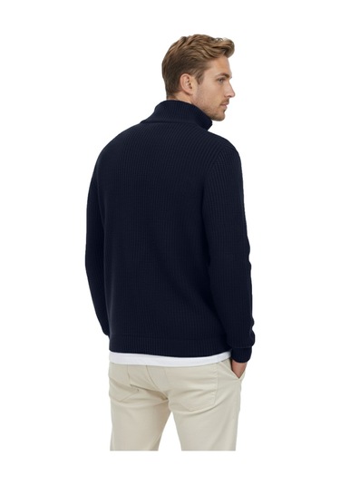 Deepsea Erkek Lacivert Yarım Fermuarlı Oversize Kesim Triko Kazak %100 Pamuk, Yumuşak Dokulu Örgü Kazak 2608511 Lacivert