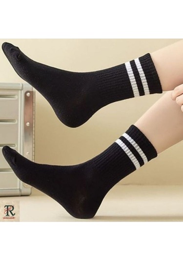 Trampler Unisex 5'li Kolej Çemberli Çorap Siyah Tenis Çorap Siyah - Beyaz