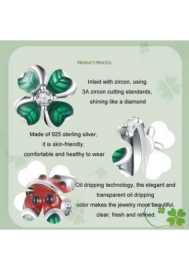 Fastbuy S925 Ayar Gümüş Zirkon Uğur Böceği Yonca Boncuk, Renkli Dıy Takı, Şanslı Kolye Çok Renkli