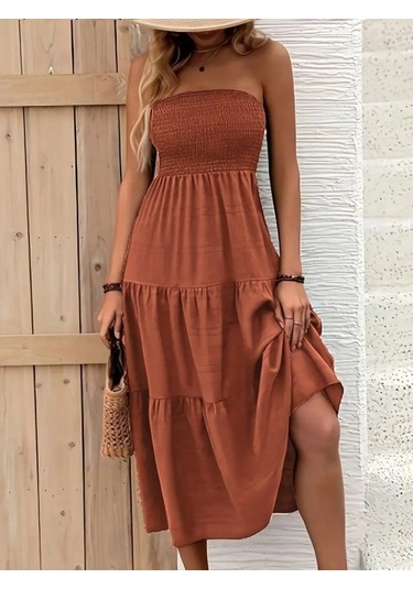 Kadın Straplez Göğüsten Lastikli Kloş Aerobin Uzun Elbise Turuncu