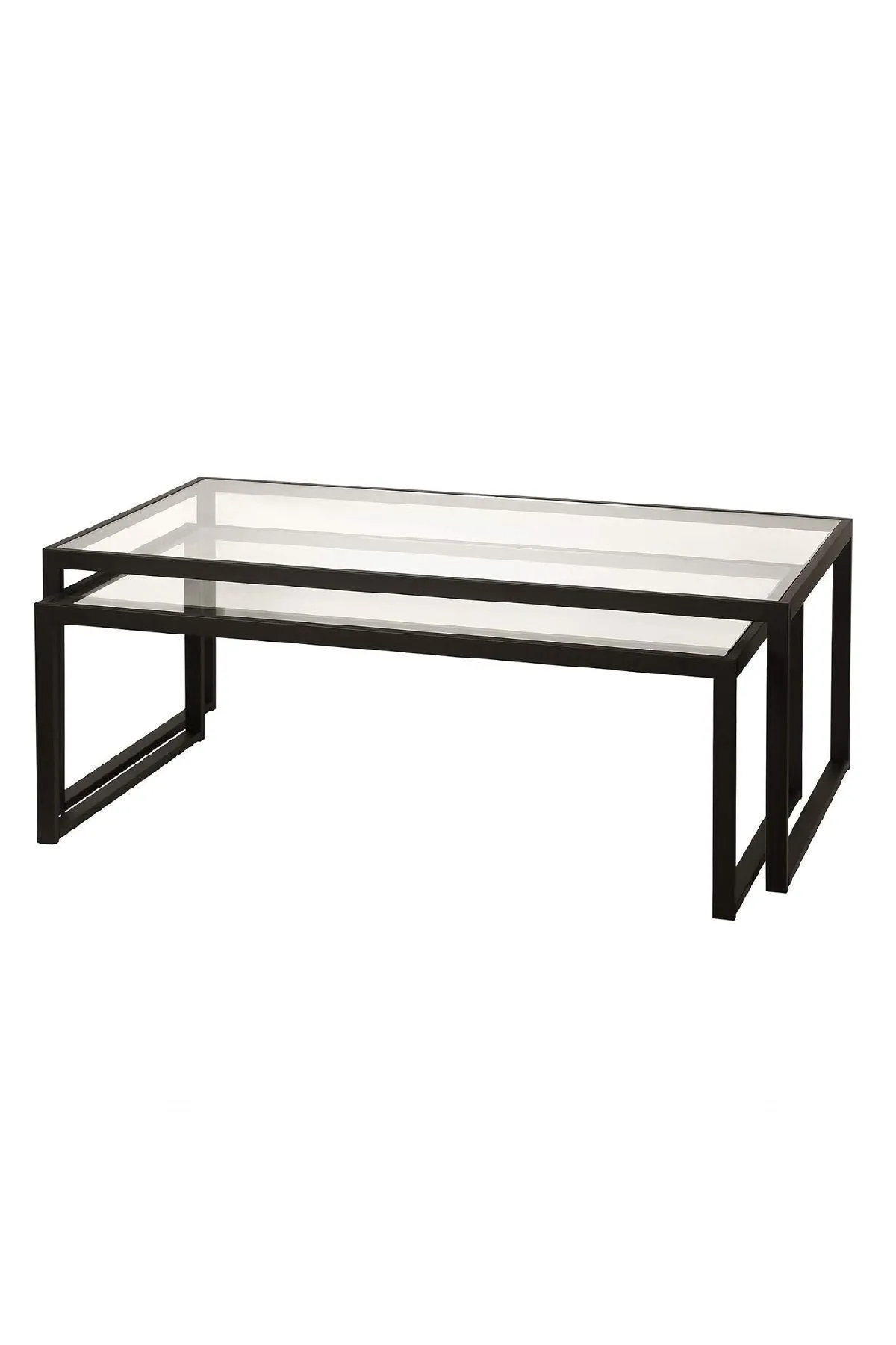 Modern 2 Li Metal Iskeletli Temper Camlı Zigon Orta Sehpa Siyah-şeffaf