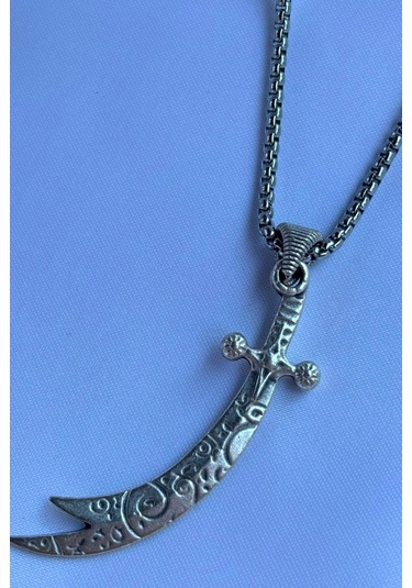 Hz. Ali Zülfikar Kılıcı El İşçiliği Paslanmaz Çelik Zincir Erkek Kolye Gümüş