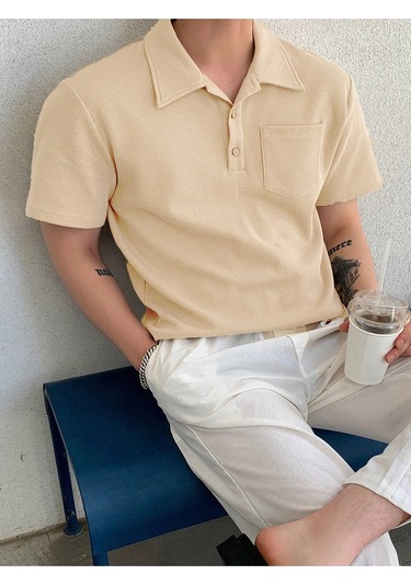 Genius Store Erkek Oversize Polo Yaka Waffle T-shirt Poloyaka-düğmeli Bej
