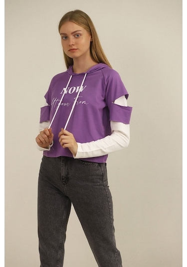 Gabria Kadın Kapşonlu Desenli Sweat Mor