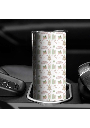 20oz Noel Desenli Paslanmaz Çelik Termos, Kapak Ve Pipetli, Çift Katlı Noel Ağacı Metni