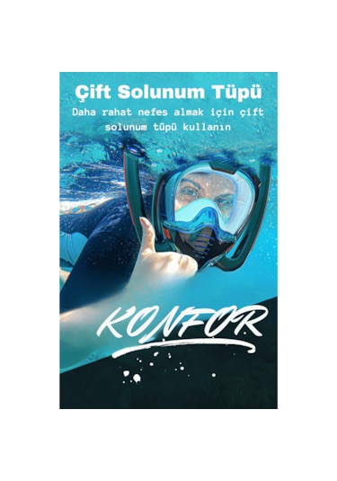 Techtic Çift Tüp Silikon Şnorkel Tam Yüz Dalış Maskesi Fullface Kırmızı - Siyah