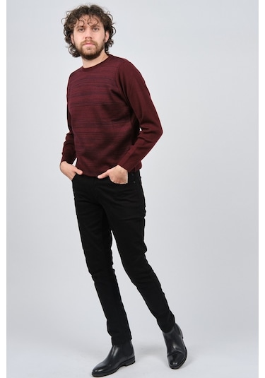 Çizgi Triko Erkek Bisiklet Yaka Desenli Kazak 42554225 Bordo Bordo