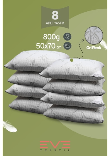 Eve Tekstil 8 Adet Bamboo Gri Serisi Kılıflı Fermuarlı Yıkanabilir Antialerjik Silikon Elyaf Yastık 50x70cm 800 Gr Gri