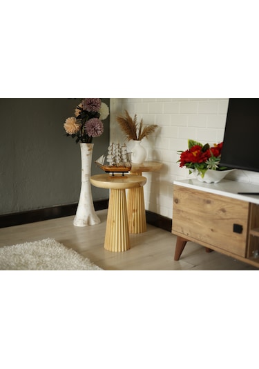 Ikili Ahşap Naturel Konik Yan Sehpa