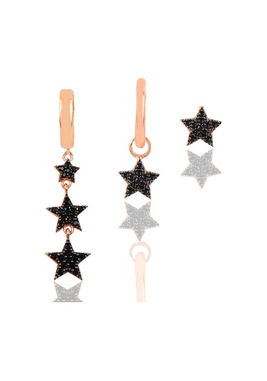 Gümüş Rose Siyah Taşlı Yıldızlar Kombin Üçlü Küpe Seti