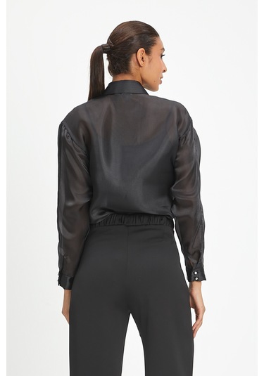 Kadın Şifon Gömlek - Zarif Boncuk İşlemeli Siyah