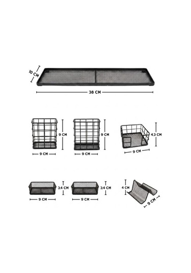Temel Siyah Metal Mesh Modüler Masaüstü Organizer Seti 7 Parça 38x10 Cm 9515b