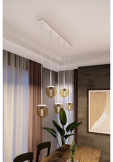 Dora Beyaz Metal Gövdeli 5'li Bal Rengi Cam Avize