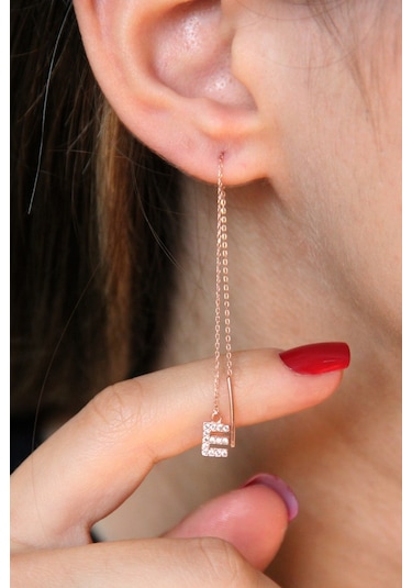 Argentum Concept E Harfi 925 Ayar Gümüş Rose Tek Zincir Küpe - K099301