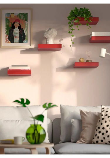 Ahşap Duvar Rafı 30x26x5cm Kırmızı Ayaksız Raf Ikea Dekoratif Raf