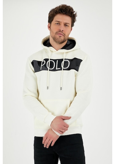 Erkek 3 İplik Pamuklu İçi Polarlı Regular Fit Nakışlı Kapüşonlu Kanguru Cepli Ekru Sweatshirt Ekru