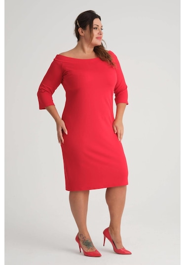 Kadın Kırmızı Carmen Yaka Truvakar Kol Büyük Beden Esnek Krep Elbise-kırmızı Kırmızı