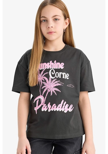 DeFacto Kız Çocuk Relax Fit Bisiklet Yaka Baskılı Kısa Kollu Tişört E0355A825SMAR211