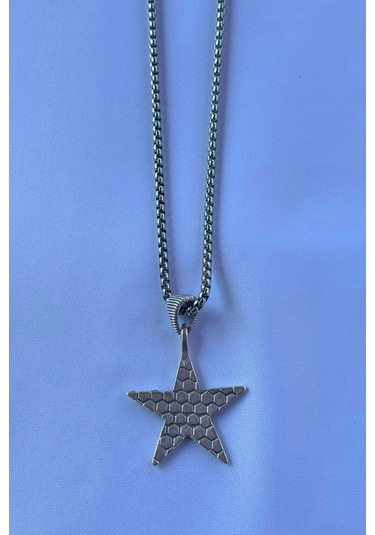 Yıldız El İşçiliği Paslanmaz Çelik Zincir Erkek Kolye Gümüş