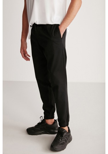 Jakob  Erkek Dokuma Yıkamalı 4 Cepli Kalın Dokulu Paçası Lastikli Siyah Pantolon