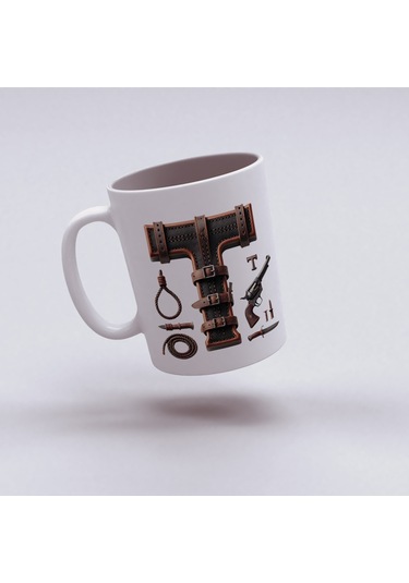 T Harfi Kovboy Temalı Bardak 330 Ml İsim / Harf Kişiye Özel Hediye - Vahşi Batı Konsept Beyaz