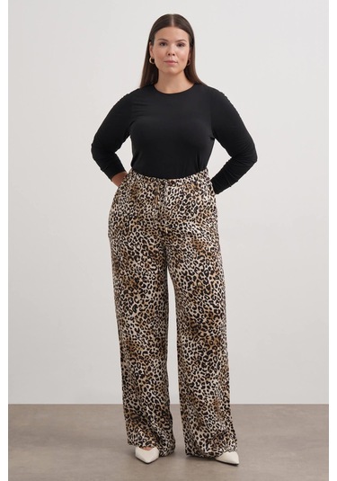Beli Lastikli Leopar Desenli Pantolon-2556 Kahverengi