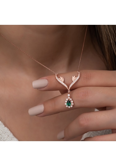 925 Ayar Yeşil Damla Taşlı Tasarım Kolye Kadın Gümüş Kolye