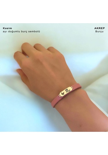 Archin Kasım Ayı Doğumlarına 14 Ayar Altın Plakalı Koyu Pembe Derili Kelebek Motifli Hediye Bileklik-654ay Kasım