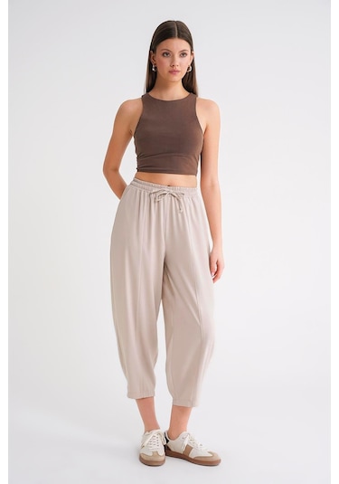 4307 Kadın Beli Lastikli Parçalı Şalvar Pantolon Taş Taş