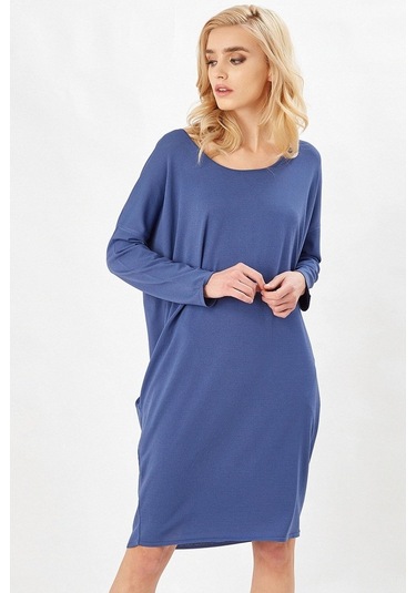 Peraluna Indigo Renk 3/4 Kol Balon Kadın Triko Elbise İndigo
