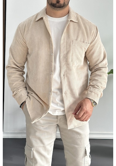 Erkek Kadife Kumaş Gömlek Krem Edw214 Krem