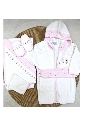 Milays Çiçek Nakışlı Gaye Bornoz Takımı Pembe
