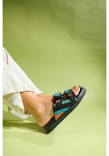 Luvishoes Lanso Siyah Taşlı Çift Bantlı Kadın Terlik Siyah