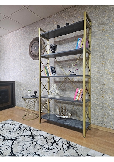 Gold Boyalı Kitaplık - 5 Raflı Suntalem Lüks Kitaplık Aris Gri Çok Renkli