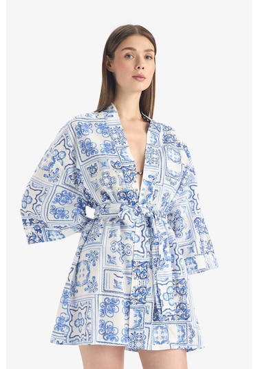 Defacto Regular Fit Desenli Kuşaklı Pamuklu Kimono-fall İn Love D0453ax25spbe758 Mavi