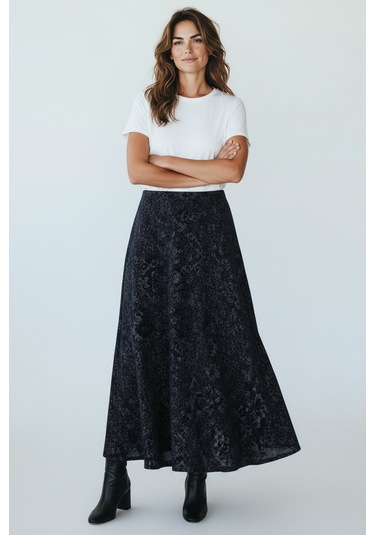 Kadın Beli Lastikli Desenli Sekiz Parça Balık Etek Mavi