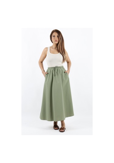 Kadın Alya Haki Cepli Poplin Etek Haki