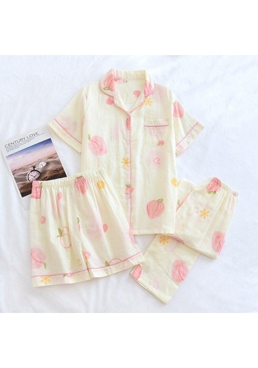 Pamuklu Pijama Kadın 3 Adet Set Baskılı Moda Saf Pamuk Çift Katmanlı Gazlı Bez Şort/uzun Pantolon Pijama Açık Sarı