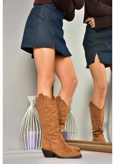 Fox Shoes T404401202 Taba Süet Kovboy Model Kadın Çizme Taba-Süet