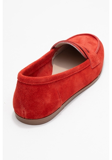 F02 Kırmızı Süet Hakiki Deri Kadın Loafer Ayakkabı Kırmızı
