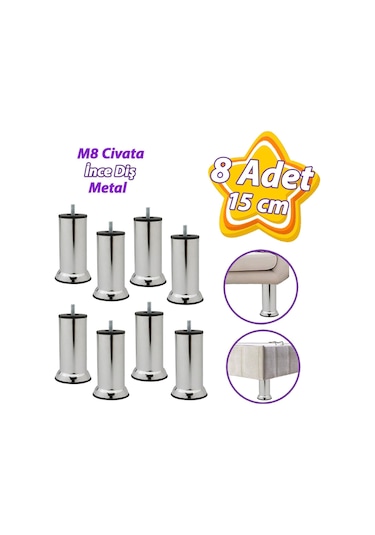 8 Adet Metal Destek Ayağı 15 Cm Krom Mobilya Kanepe Baza Koltuk Ünite Ayakları Metrik 8 Civatalı İnce Diş