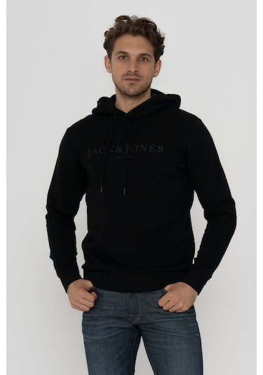 Jack & Jones Erkek Logo Baskili Kapüsonlu Sweatshirt - Luke 12214639 Black Bej