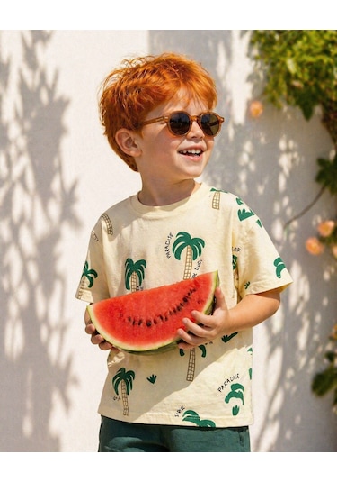 Baby Lory Kids Store Palmiye Baskılı T-shirt Ekru-krem