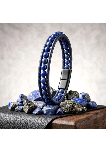 Moncuk Design 6mm Lapis Taşlı Deri Kordon Ve Çelik Bileklik 33512b2d6m14 Mavi 