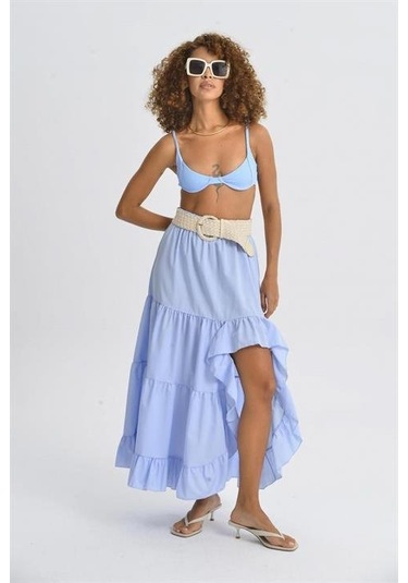 Audrey Fıfrlı Yırtmaç Detay Etek 4037 Mavi